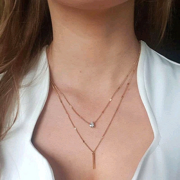 Boutique Jewelry - Gold plated chain multi double layered rhinestone bar dainty necklace 2/$30